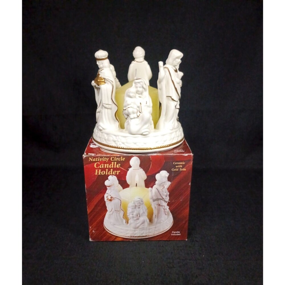 Vtg Giftco Nativity Circle Candle Holder Ceramic W Gold Trim Candle Included